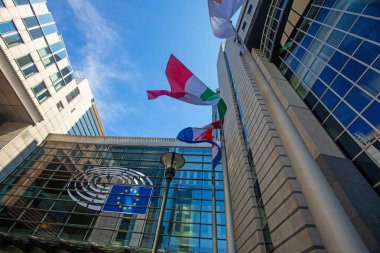 Brüksel, Belçika - 4 Haziran 2022: Avrupa Parlamentosu bayrakları.