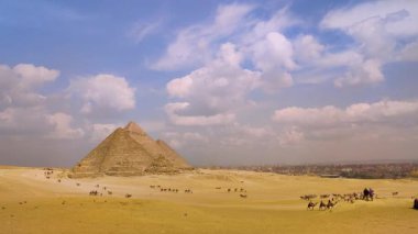 Giza, Mısır - 9 Mart 2025: Mısır 'daki Giza Piramit Kompleksi, çölden turistle piramitlerin etrafında bir deve gezisi manzarası