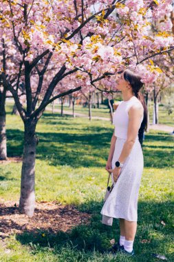 Kyiv 'deki Sakura bahçe parkında beyaz elbiseli güzel bir kadın.