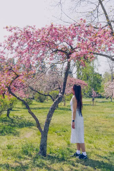Kyiv 'deki Sakura bahçe parkında beyaz elbiseli güzel bir kadın.
