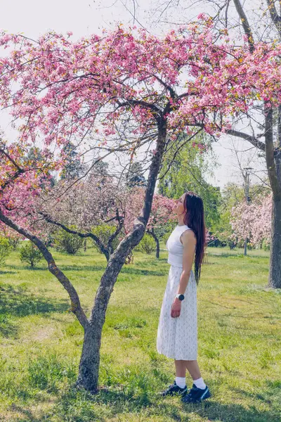 Kyiv 'deki Sakura bahçe parkında beyaz elbiseli güzel bir kadın.