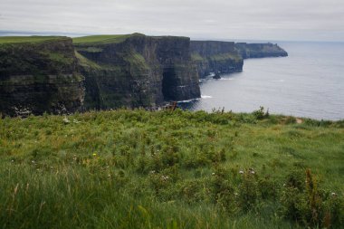 İrlanda 'daki Moher Kayalıkları' nın engebeli kıyı şeridi ve bulutlu gökyüzü manzarası