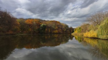 Kyiv 'deki sonbahar ormanında sarı ağaçların yansımasıyla güzel bir göl.