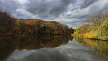 Kyiv 'deki sonbahar ormanında sarı ağaçların yansımasıyla güzel bir göl.