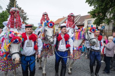 VLCNOV, CZECH REPUBLIC - 29 Mayıs 2022: Geleneksel Moravya folklor kostümü giymiş genç adam, Çek Cumhuriyeti 'nin başkenti Vlcnov' da düzenlenen Kings Ride of the Kings festivali sırasında Acemileri seslendirdi.