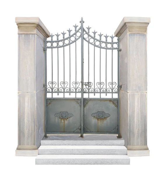 Gotický Styl Staré Kovové Dveře Mramorové Sloupy Izolované Bílém Pozadí — Stock fotografie