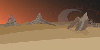 Mars yüzeyi ya da kum ya da toz fırtınalı yabancı gezegen manzarası. Çizgi film arka planı boş kayalar, büyük gezegen küresi karanlık gece gökyüzü. Alan Arkaplan Vektörü illüstrasyonu