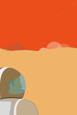 Astronot geçmişi. Uzay giysisi içindeki kozmonot ve kask manzarayı keşfediyor. Mars 'ın çöl görevindeki bilim adamı.