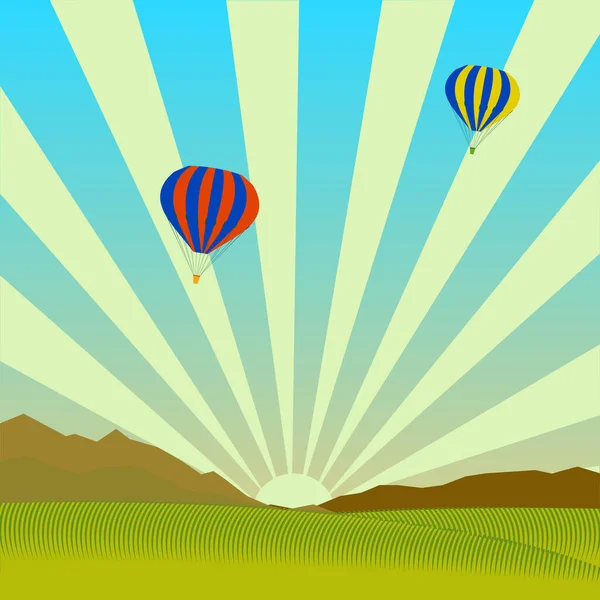 Balão Voando Sobre Paisagem Colina Verde Cena Rural Verão Ilustração — Vetor de Stock