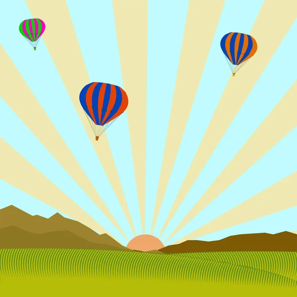 Balão Voando Sobre Paisagem Colina Verde Cena Rural Verão Ilustração — Vetor de Stock