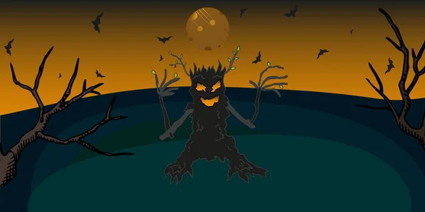 恐怖的橙色万圣节背景场景 吸血鬼蝙蝠挂在恐怖的树上 背景是满月 — 图库矢量图片