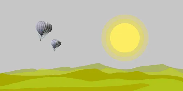 Globos Aire Caliente Volando Cielo Sobre Paisaje Campo Dibujos Animados — Vector de stock