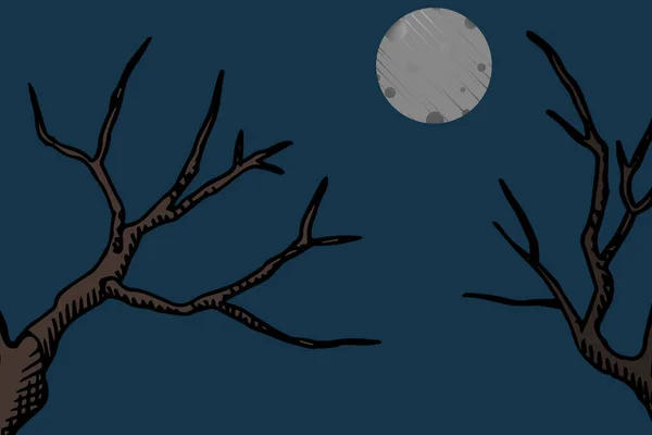 밤하늘에서 보름달 나무의 실루엣과 어두운 — 스톡 벡터