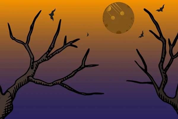 Полнолуние Ночном Небе Темный Лесной Пейзаж Черными Силуэтами Деревьев Векторная — стоковый вектор