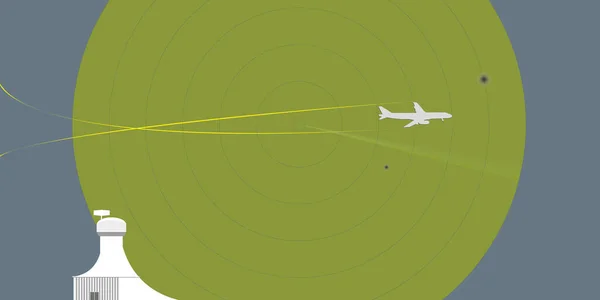 Légiforgalmi Irányító Torony Radar Létesítmény Rajzfilm Összetétele Utasszállító Repülőgépekkel Leszállás — Stock Vector