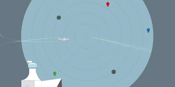 Flugsicherungsanlage Radaranlage Cartoon Zusammensetzung Mit Landenden Oder Startenden Passagierflugzeugen Vektorillustration — Stockvektor