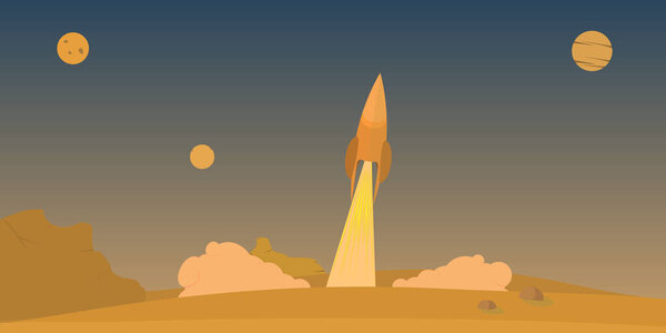 Mars colonization background with rocket and settlers houses on background flat vector illustration
