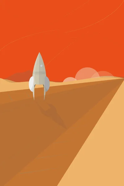 バックグラウンドフラットベクトルイラストにロケットと入植者の家を持つ火星の植民地化の背景 — ストックベクタ