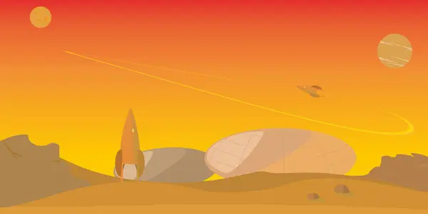 赤い惑星火星の植民地化 火星のロケットと火星入植者のためのバックグラウンドハウスで空に飛ぶ — ストックベクタ