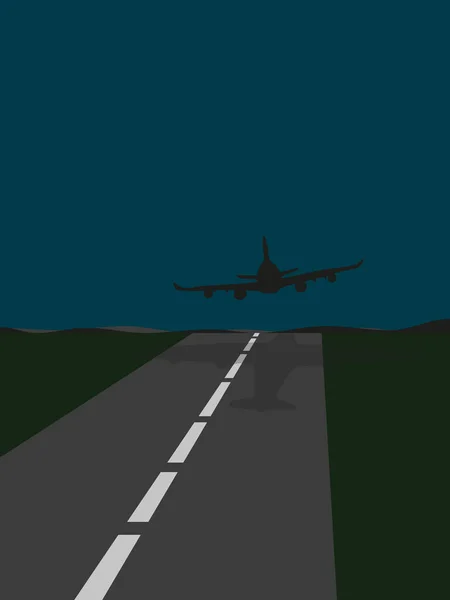 Ночное Время Аэропорту Взлетает Большой Самолет Четырьмя Турбинами — стоковый вектор