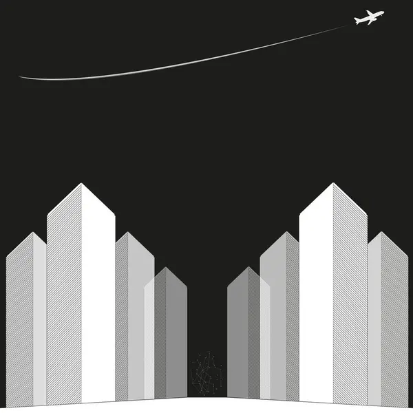 Real Estate Vector City Skyline Illustration Airplane — Stockový vektor