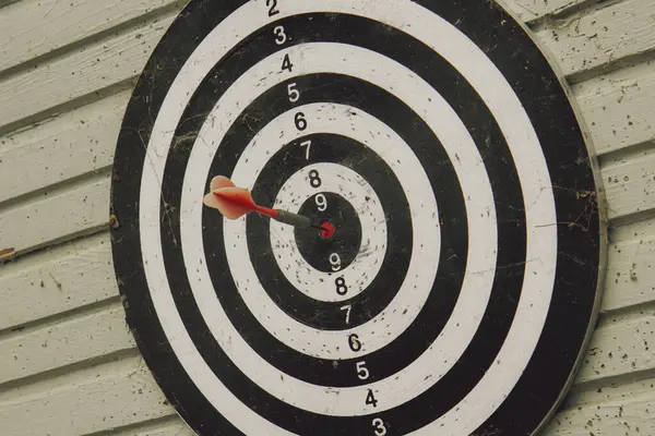 One Red Dart Arrow Hitting Target on the Center of a Black and White Dartboard