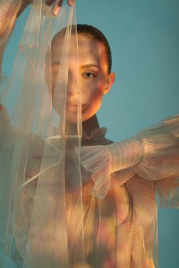 young beautiful girl posing in a romantic dress. Sunlight. Sexy model in transparent dress.