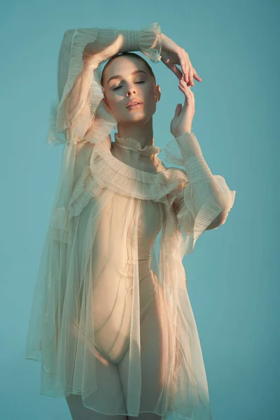 Young Beautiful Girl Posing Romantic Dress Sunlight Sexy Model Transparent — 스톡 사진