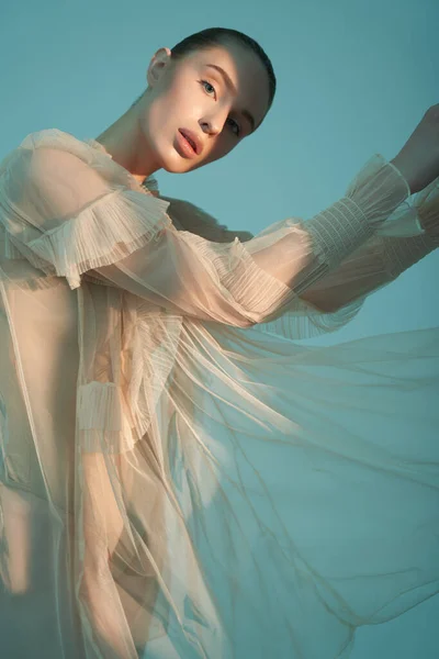 Young Beautiful Girl Posing Romantic Dress Sunlight Sexy Model Transparent — Photo