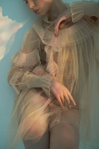 Young Beautiful Girl Posing Romantic Dress Sunlight Sexy Model Transparent — Foto Stock