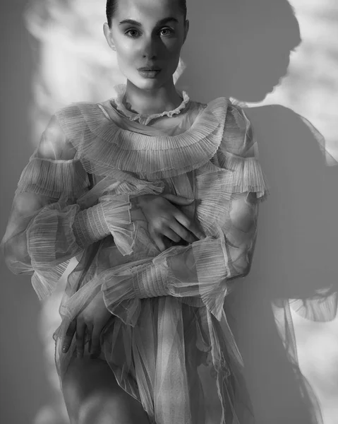 Young Beautiful Girl Posing Romantic Dress Sunlight Sexy Model Transparent — стоковое фото