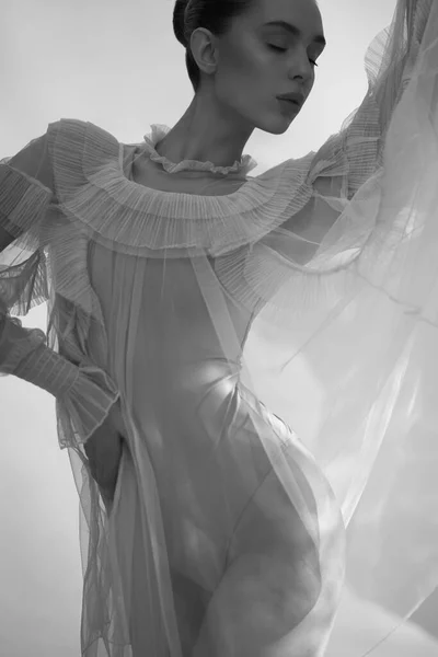Young Beautiful Girl Posing Romantic Dress Sunlight Sexy Model Transparent — Zdjęcie stockowe