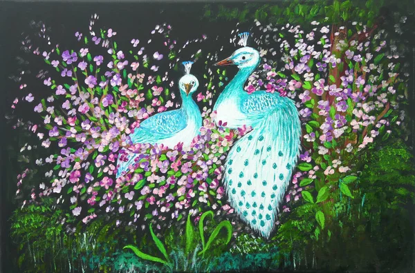 Olieverf Van Peacock Paar Genesteld Bloeiende Takken — Stockfoto