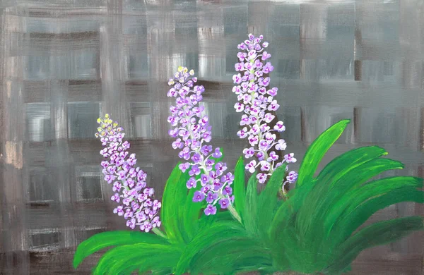 Oljemålning Hyacinth Blommar Mot Vägg Grå Bambu Väv — Stockfoto