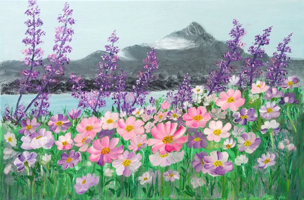 Oil painting of Field of pink and purple cosmos daisies by mountain lake
