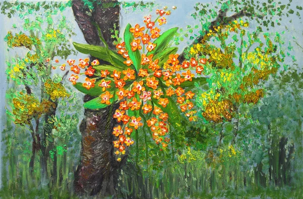 Картина Маслом Дикі Помаранчеві Орхідеї Ростуть Стовбурі Дерева — стокове фото
