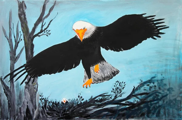 Oil painting of Bald Eagle returning to its young in treetop nest