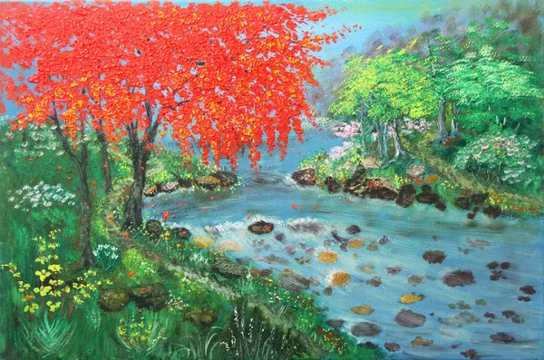 Oil painting of Red flowering tree along peaceful river