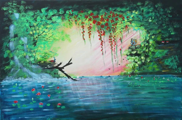 Peinture Huile Paons Courtisant Par Lac Magique Dans Les Bois — Photo