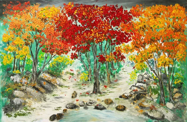 Oil painting of Fork in the path ofcolorful autumn forest