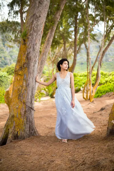 Teen Mädchen Weißen Kleid Unruhigen Hain Von Bäumen Hawaii Der Stockbild