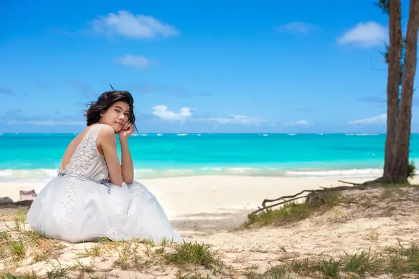 Biracial Teen Girl White Dress Sitting Beautiful Blue Hawaiian Ocean Fotos De Stock