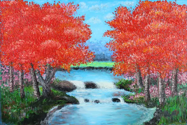 Fiery Red Autumn Trees Flanking River Rapids Small Waterfall Imagem De Stock