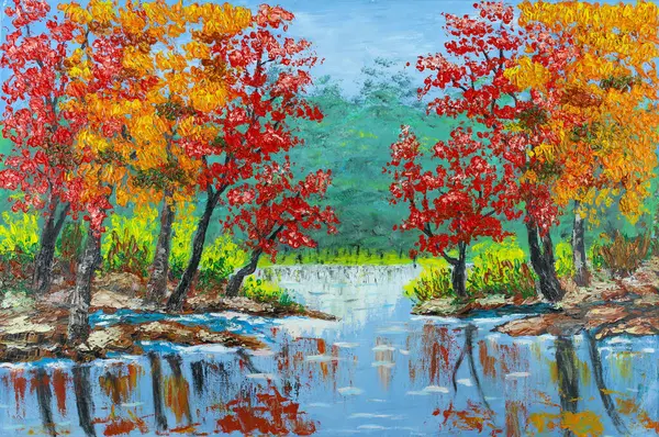 Colorful Autumn Leaves Trees Side Small Pond Ountryside Imágenes De Stock Sin Royalties Gratis