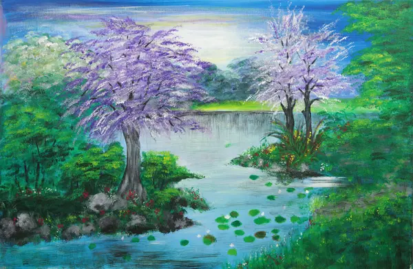 Purple Flowering Trees River Spring Time Fotografias De Stock Royalty-Free