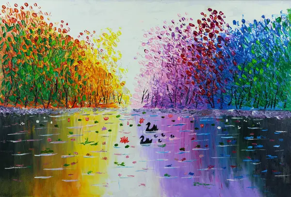 Oil Painting Family Ducks Swimming Lake Magical Rainbow Colors Imagem De Stock