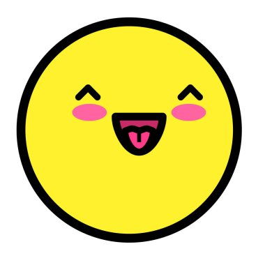 Düz kawaii emoji surat. Sevimli komik çizgi film karakteri. Basit çizgi sanat ifadeleri web simgesi. Duygusal Çıkartma. Vektör grafik illüstrasyonu.