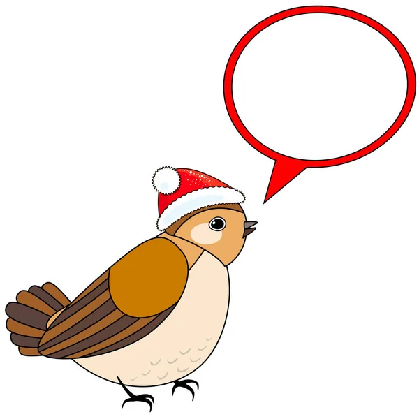 かわいいクリスマスの鳥で赤いクリスマスの帽子ともにスピーチバブル 白の背景に隔離された ベクトル記号 — ストックベクタ