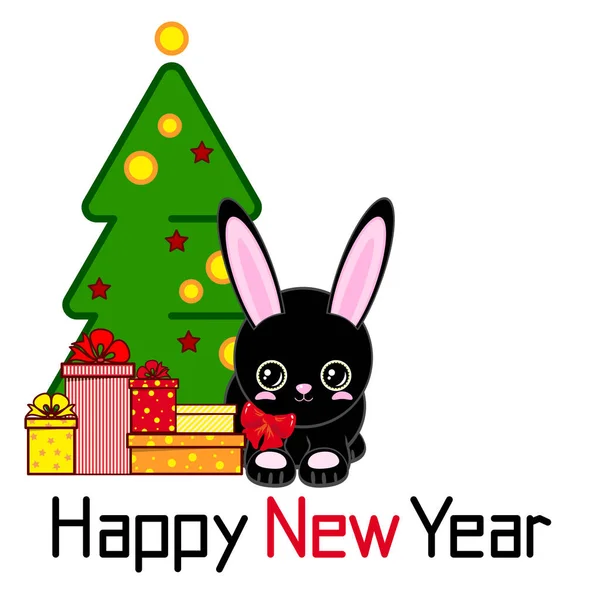 Felice Anno Nuovo Simpatico Coniglio Nero Vicino Albero Natale Decorato — Vettoriale Stock