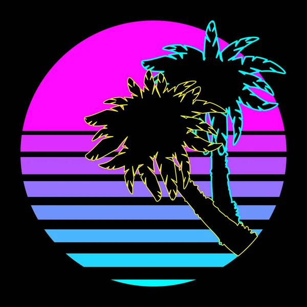 Synthwave Vaporwave Retrowave 80S Neon Landscape Gradient Colored Sunset Palm — Vector de stock